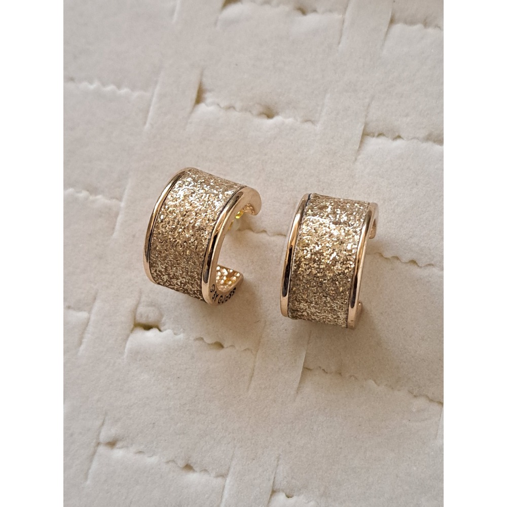 G BY GUESS Gold Tone Glitter Textured Wide C Hoop Earrings Post Back
